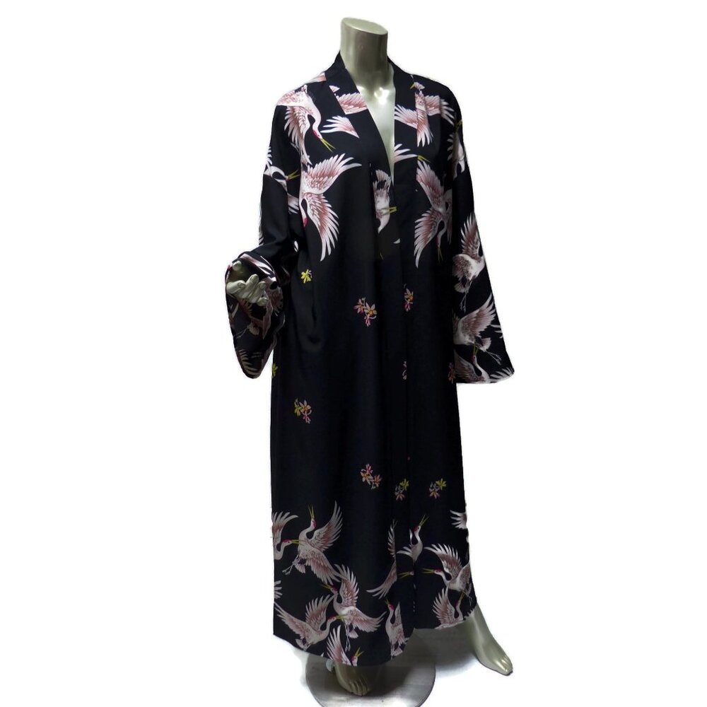Plus Size Flying Cranes Maxi Kimono Black and Pink Floor Length - 3XL